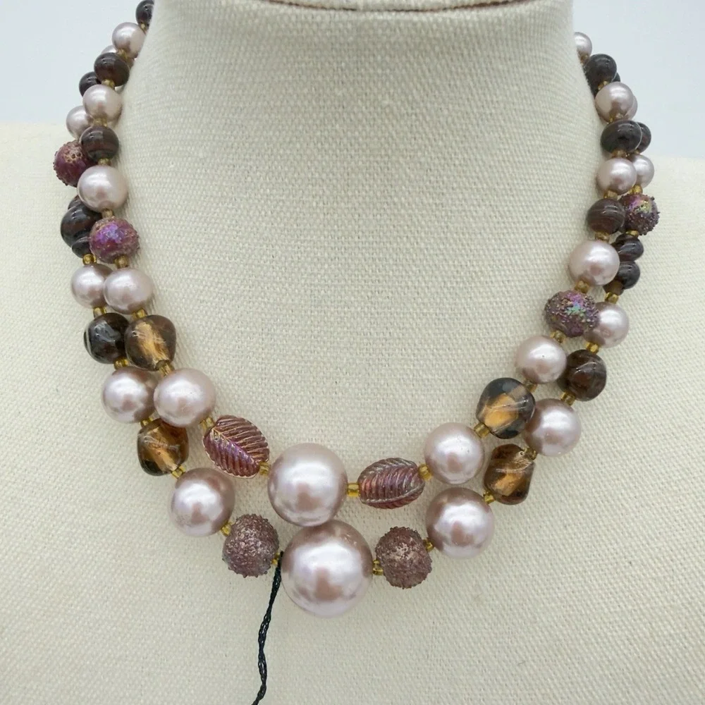 Vtg 50s Coro Iridescent Molded Glass Necklace Double Strand Orig. Tag Japan NOS
